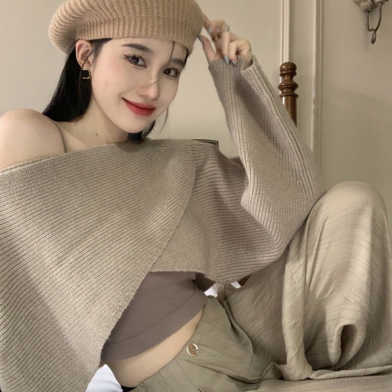 Áo Croptop Dệt Kim Dáng Rộng Phong Cách Hàn Quốc Cho Nữ