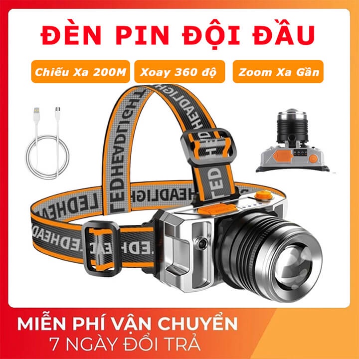 Đèn pin đội đầu 1 bóng siêu sáng có Zoom xa gần, chiếu xa 200m, đèn pin đeo trán chống thấm nước, 3 chế độ, pin trâu