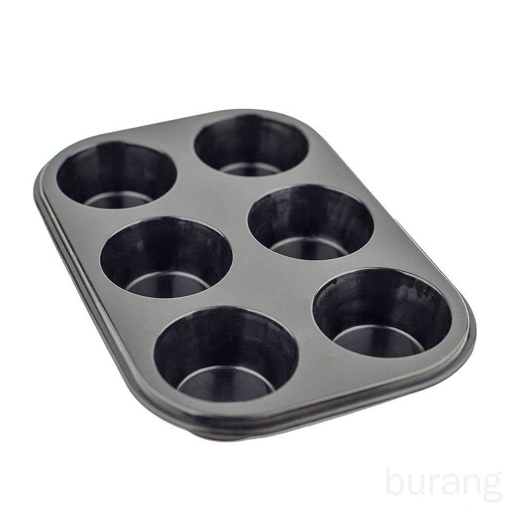 Khuôn làm bánh Muffin/Pudding bằng thép carbon cấp thực phẩm chống dính 6 ngăn màu đen