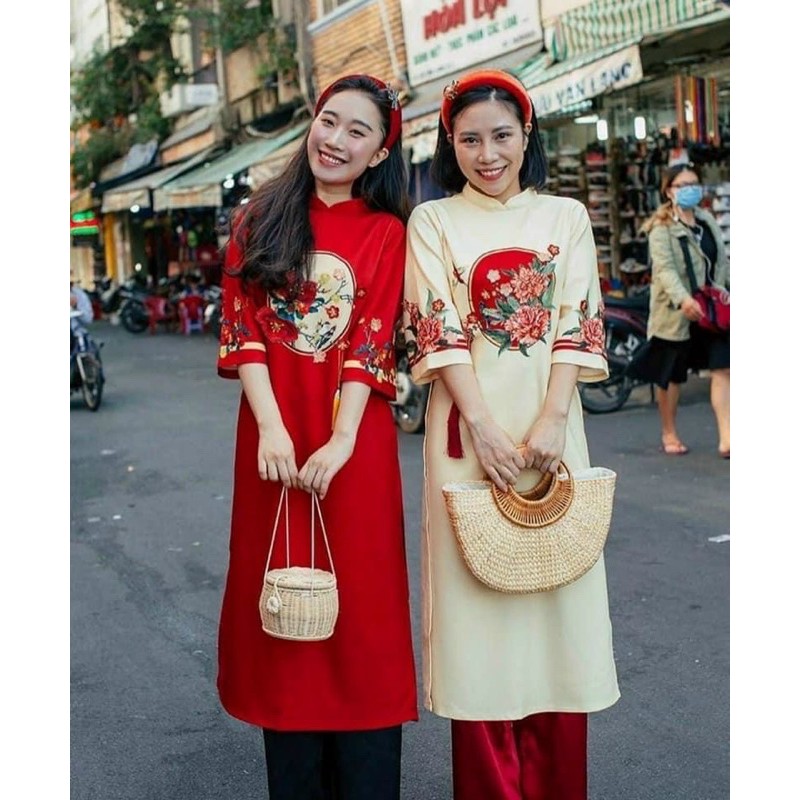 BÁN SỈ SÉT ÁO DÀI TẾT ĐÍNH HOA ĐỎ CHO MẸ VÀ BÉ