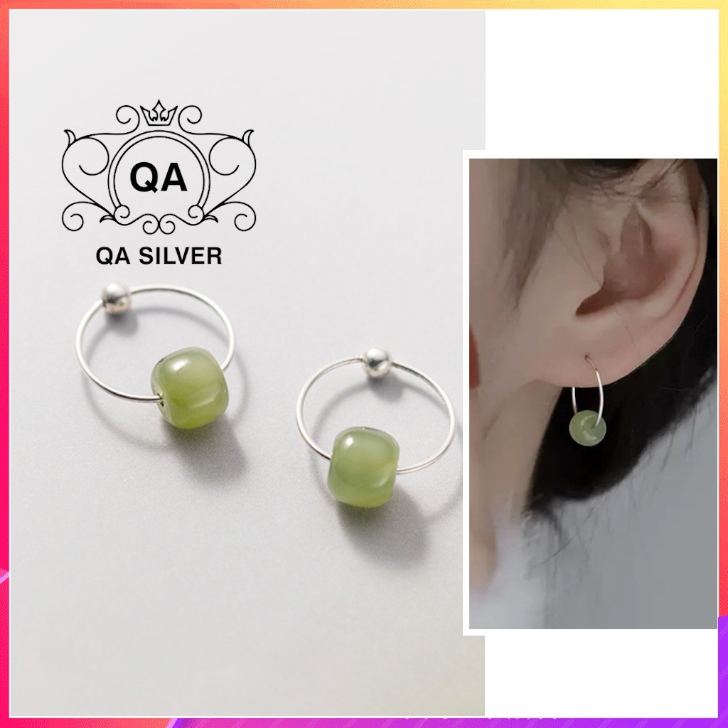 Khuyên tai bạc 925 tròn mặt đá xanh bông nữ tối giản S925 JADE QA SILVER Earrings EA220709