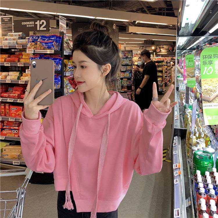 Áo hoodie dáng rộng phối dây rút thời trang thu đông phong cách Hàn Quốc cho nữ
