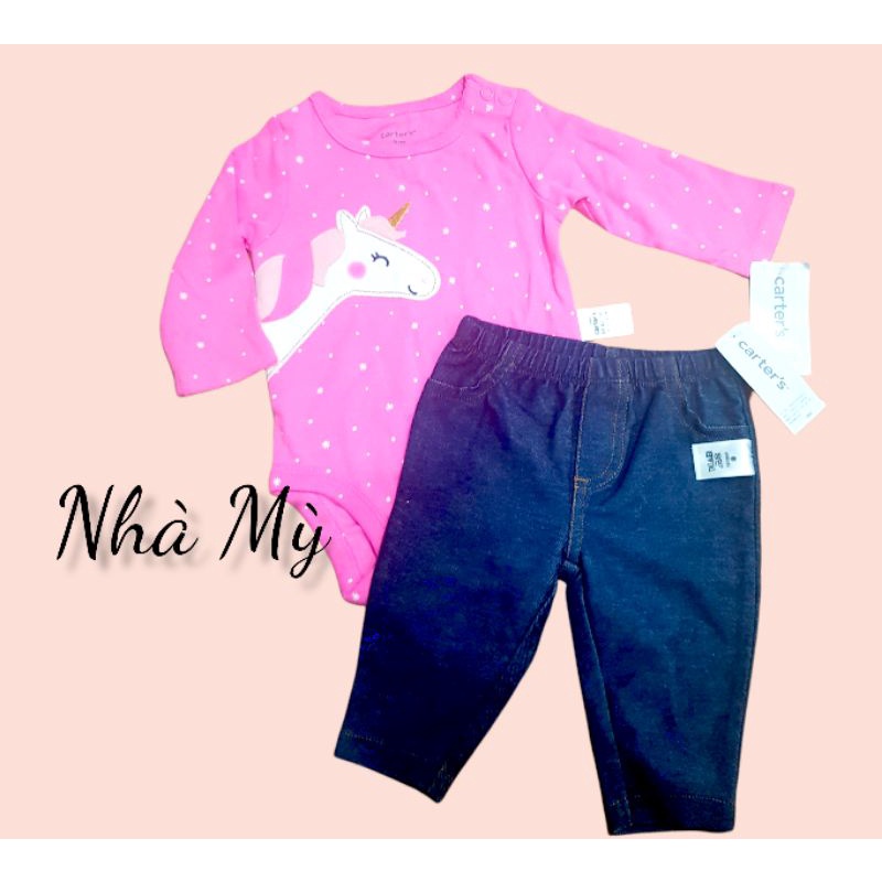 (3-18M) Set 2 chi tiết gồm body dài tay phối quần legging giả jeans cho bé gái Hãng Carter's xuất xịn (Mẫu Unicorn)