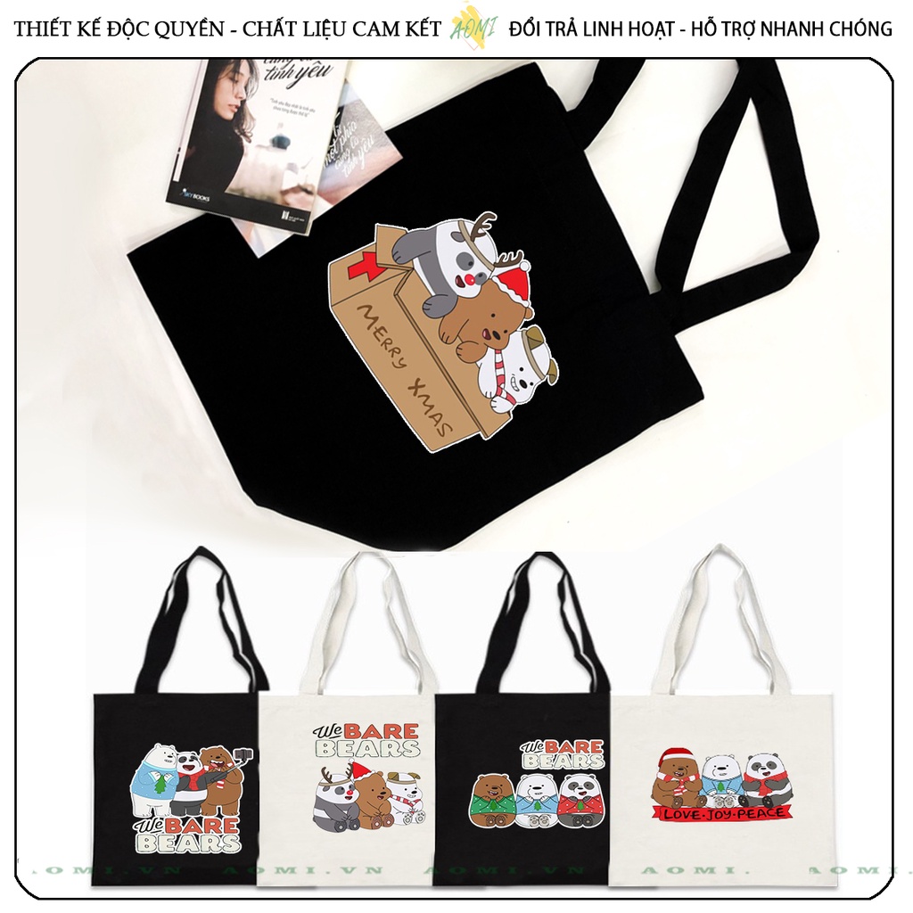 TOTE CANVAS Kawaii 3 chú gấu we are bear TÚI VẢI ĐEO VAI BAG CÓ KHÓA KÉO SIZE LỚN 33x38cm AOMIVN DU LỊCH DẠO PHỐ AOMI