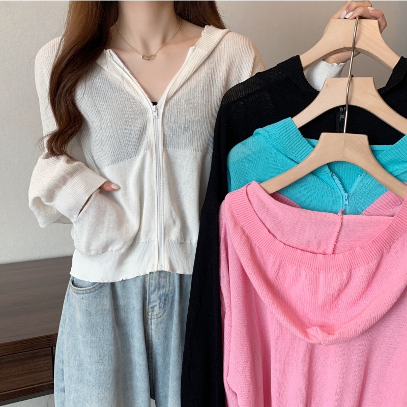 Áo Khoác Cardigan Dệt Kim Vải Lụa Mát Dáng Rộng Có Mũ Trùm Chống Nắng Thời Trang Mùa Hè Cho Nữ