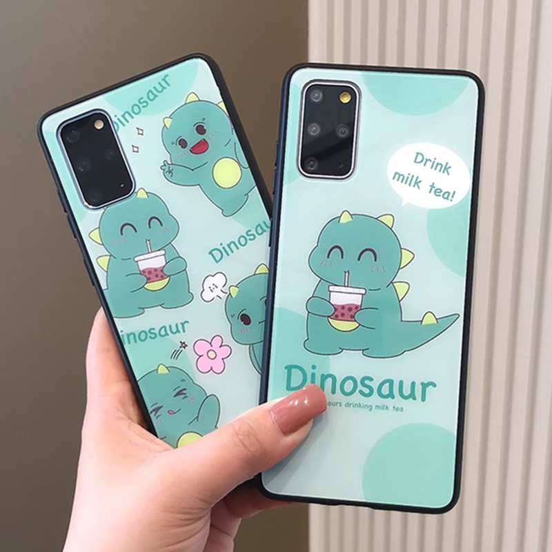 Ốp lưng OPPO A12 A12E A52 A72 A92 A9 A5 2020 Case Green Cartoon Dinosaur Tempered Glass Cover Ốp OPPO A31 A5S A7S F11 Pro f7 F9 F1s A83 Protection Phone casing Bao da