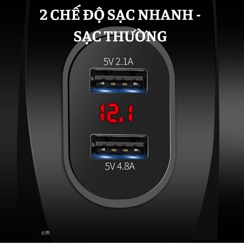 Tẩu sạc Nhanh Ô Tô 2 Cổng USB 5V/4.8A Sạc Điện Thoại Camera Hành trình Quạt Xe 12v và 24v T02