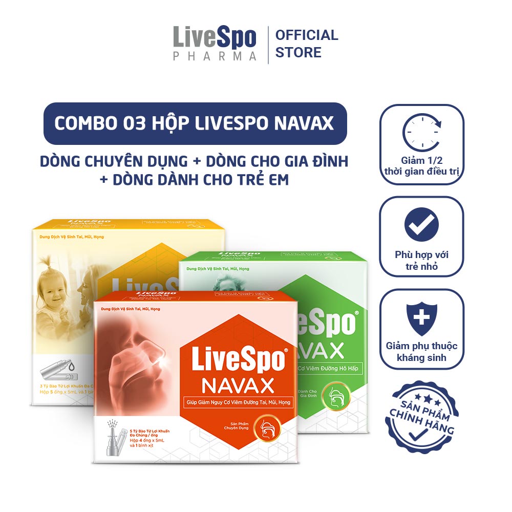 Combo nước muối sinh lý bào tử lợi khuẩn LiveSpo Navax Family - Dành cho gia đình 5 ống x 5ml, nước muối sinh lý bào tử