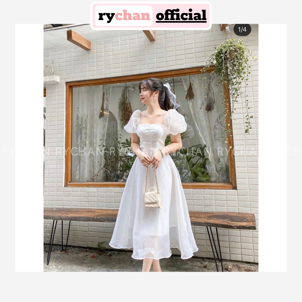 Đầm Xòe Trắng Cổ Vuông Tay Phồng Siêu Xinh [Ảnh Thật Cuối] - DX0113