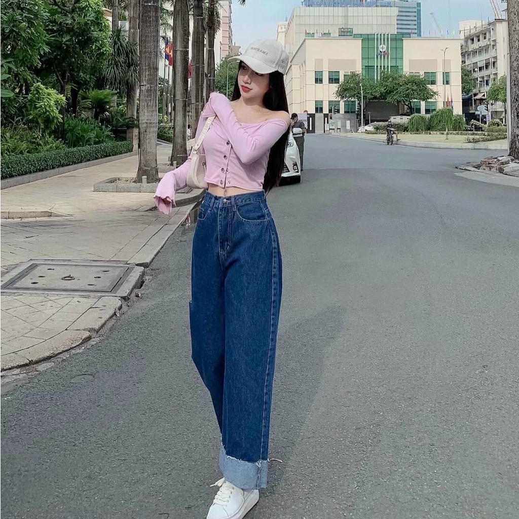 QUẦN JEANS ỐNG RỘNG NỮ LƯNG CAO GẬP GẤU MÀU XANH ĐẬM RÁCH BE PHẢI CAO MÀU XANH NHẠT XANH ĐẬM CHẤT VẢI DÀY DẶN NITIQC