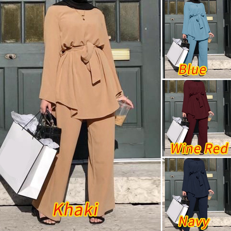 Zanzea Bộ Đồ Hồi Giáo Dài Tay Dáng Rộng Eo Chun Phối Dây Buộc Và Túi Thời Trang Dành Cho Nữ