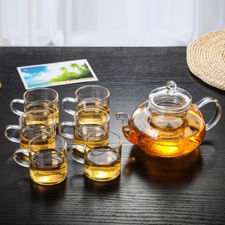 Bộ ấm chén trà thủy tinh chịu nhiệt borosilicate , Bộ 1 ấm trà và 6 chén trà thủy tinh có quai 100ml