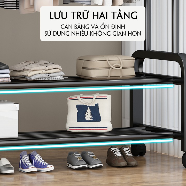 Giàn treo quần áo đôi thép đen 2 gian 2 tầng ngang 150CM bánh xe cao cấp, lượng lưu trữ lớn 2 tầng, đế chữ U chính hãng