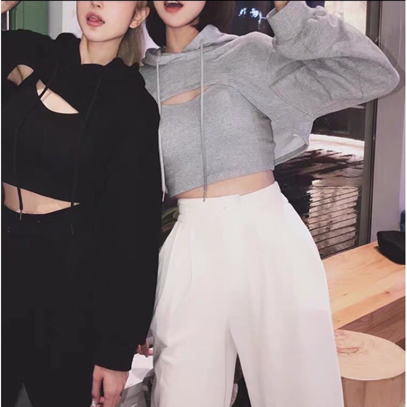 Set Áo Hoodie croptop Sporty kèm áo 2 dây trắng đen xám hồng