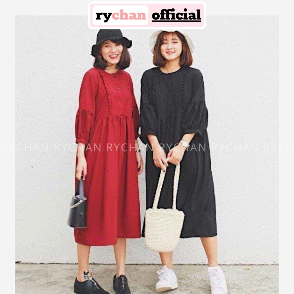 Đầm Babydoll Đi Chơi Sơ Mi Form Rộng 2 Màu Đen Đỏ Dễ Thương - DX297