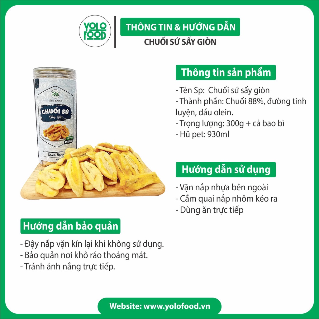 Chuối sấy giòn 300g YOLOFOOD đồ ăn vặt chất lượng chuối sấy không đường vị ngọt tự nhiên thơm ngon đóng hộp atvstp