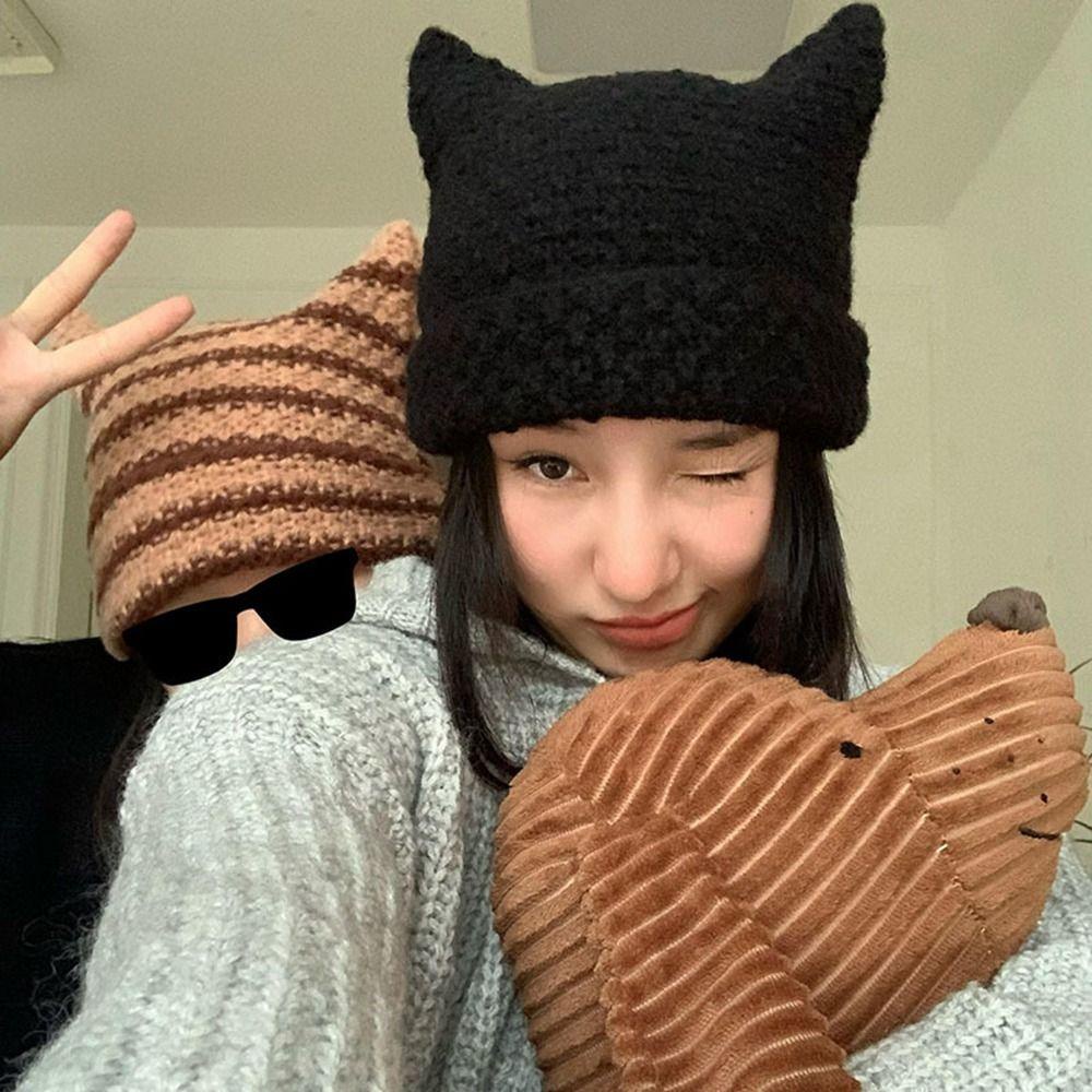 Mũ beanie Tròng Đầu Họa Tiết Kẻ Sọc Phong Cách Nhật Bản Thời Trang Thu Đông