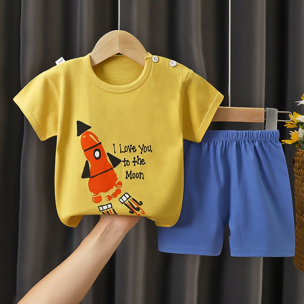 Bộ Áo Thun Cotton Ngắn Tay In Hoạt Hình Phối Quần Short Kiểu Hàn Quốc Thời Trang Mùa Hè Cho Bé