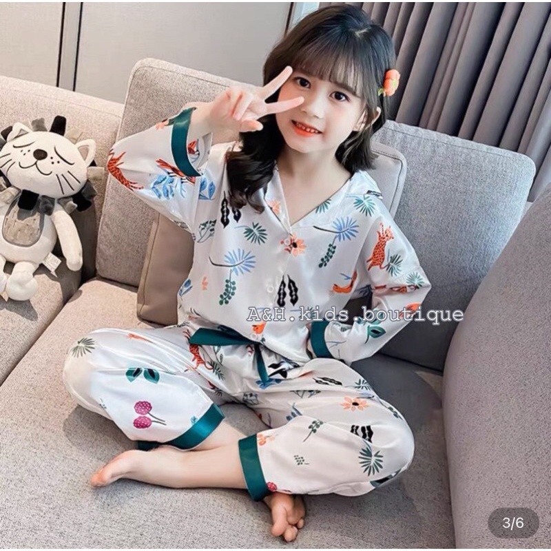 (jean baby kho sỉ)bộ ngủ,pijama  dài tay vải lụa hoạ tiết cao cấp cho bé gái (10-23kg)