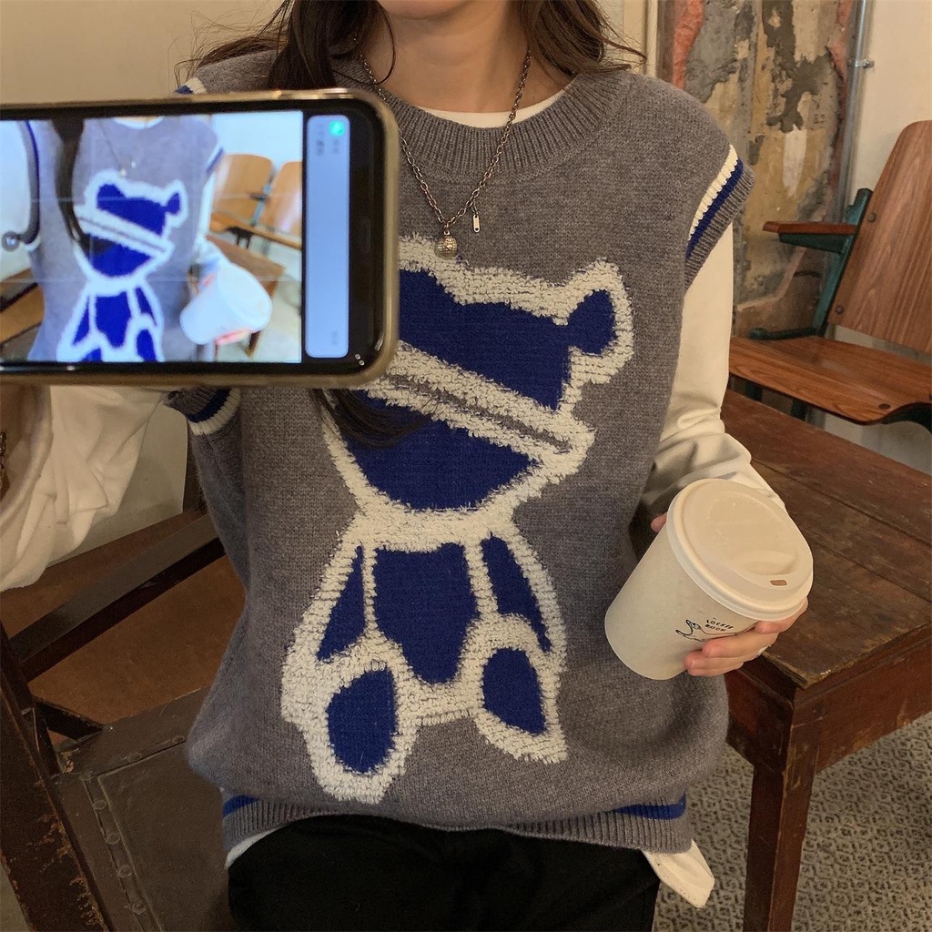 ZHELIHANGFEI Áo Sweater Dệt Kim Sát Nách Dáng Rộng In Hình Gấu Dễ Thương