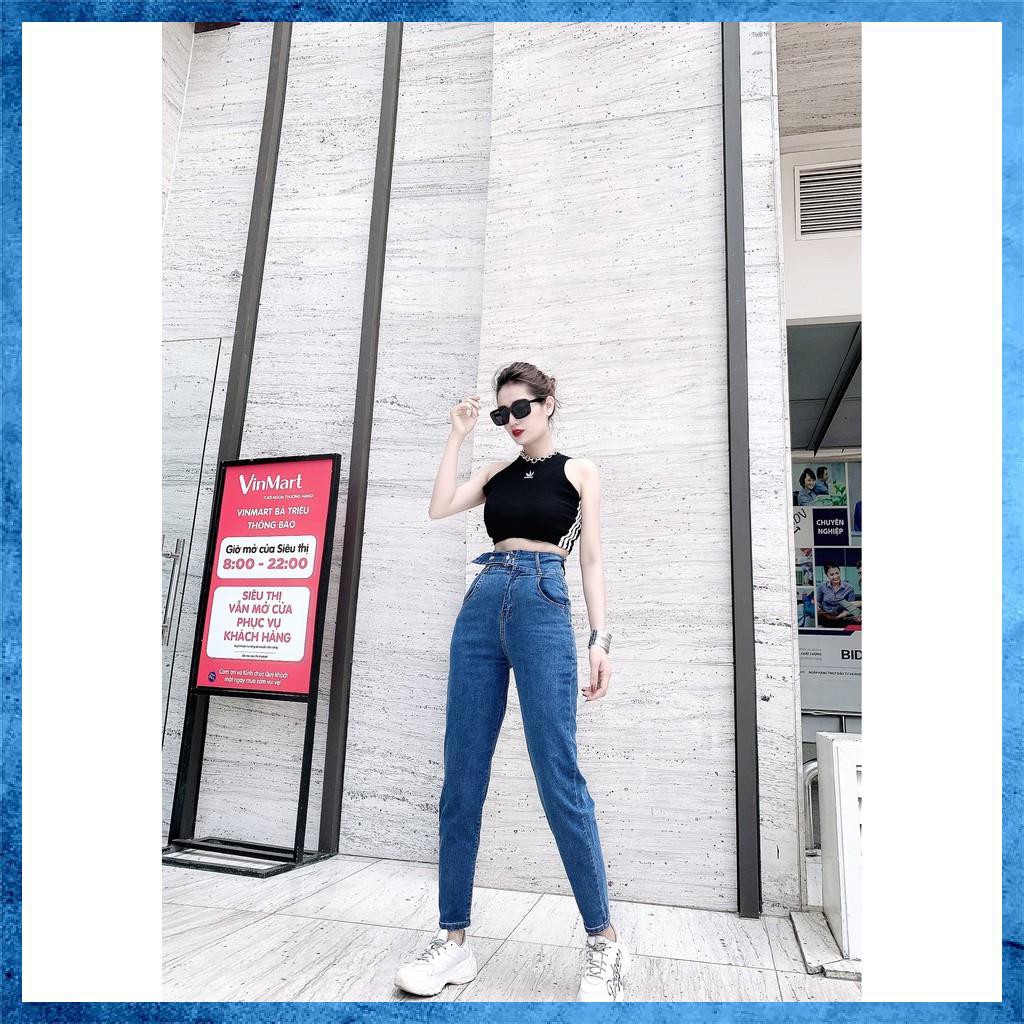 [Jeans nữ thiết kế] Quần bò trơn dáng baggy, quần jeans lưng cao túi chéo phối đai. Mã D5160