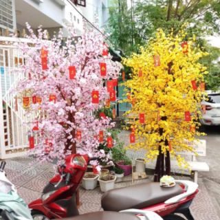Cành hoa đào Phát Lộc trang trí/Hoa vải lụa