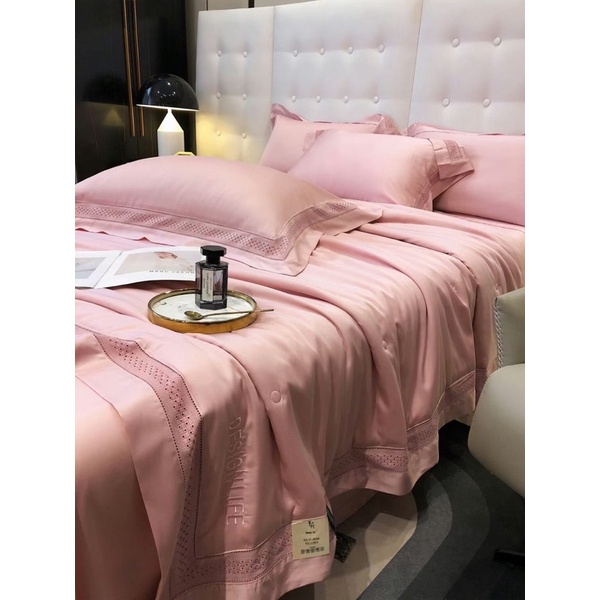 Set tencel chăn hè tơ tằm 140S viền phối ren sang chảnh