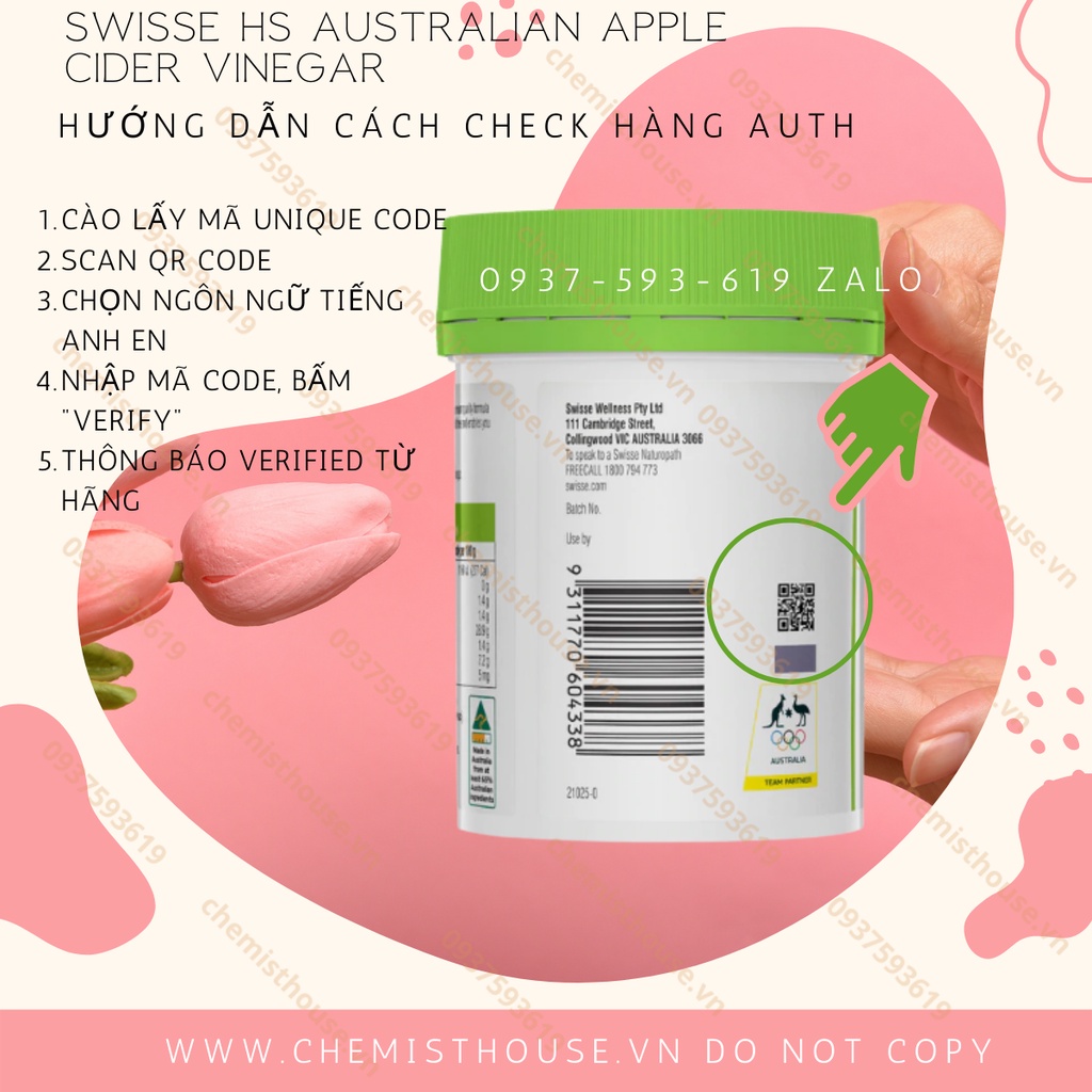[CHÍNH HÃNG có mã check code] Viên Giấm Táo Giảm Cân, Giữ Dáng hộp 60 viên từ Úc Swisse Apple Cider Vinegar 120mg