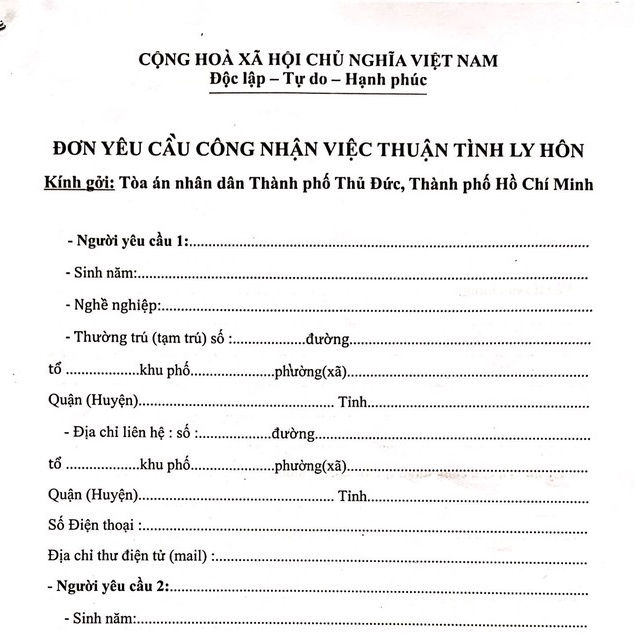 Mẫu đơn ly hôn Thành phố Thủ Đức chuẩn nhất