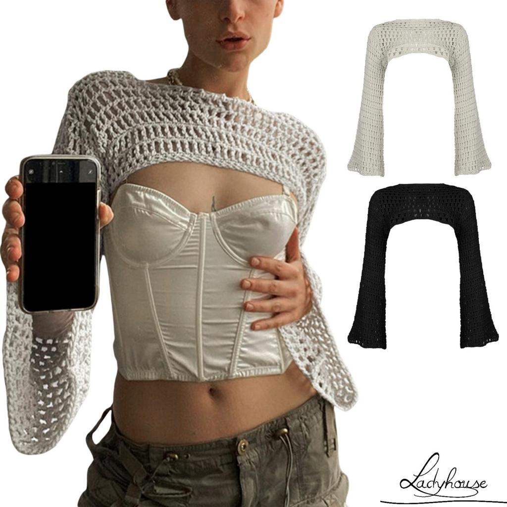 Áo Dệt Kim Tay Loe Dài Hở Rốn Màu Sắc Đơn Giản Dành Cho Nữ