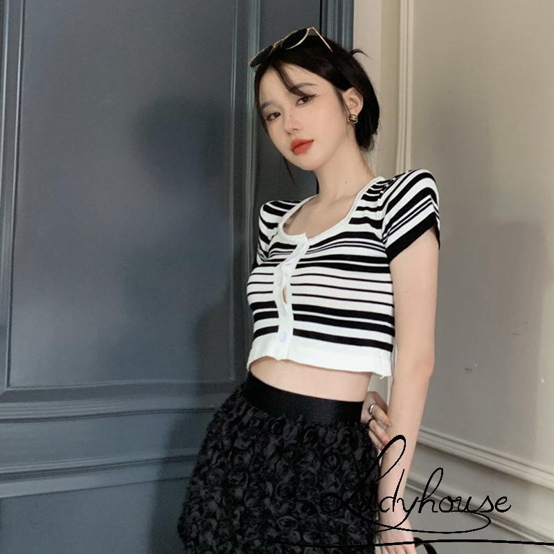 Áo Thun Dệt Kim Ngắn Tay Cổ Vuông Hai Màu Sắc Dành Cho Nữ