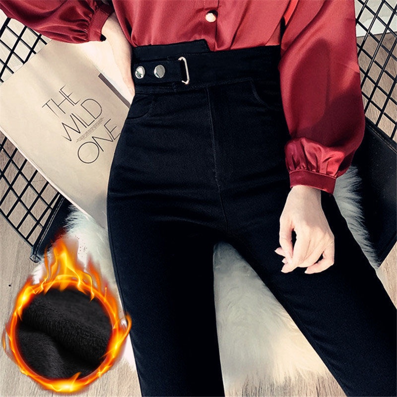 Quần legging bút chì lưng cao co giãn màu đen thời trang thu đông dành cho nữ 2021
