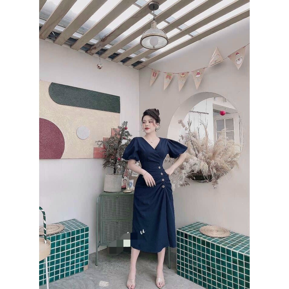 Đầm Dự Tiệc Đầm Thiết Kế Nhún Eo Cổ V Nút Gỗ Tôn Dáng Xinh Lung Linh195 | BigBuy360 - bigbuy360.vn