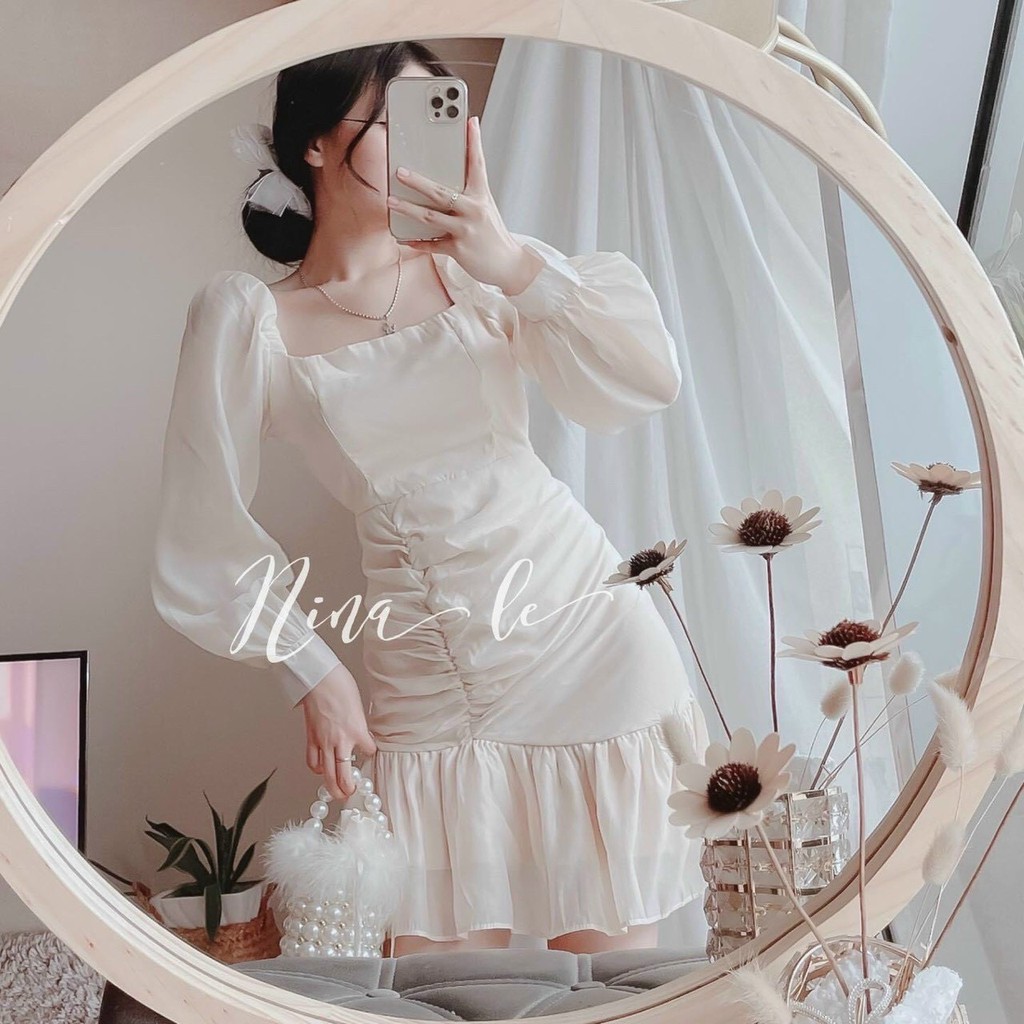 ĐẦM CỔ VUÔNG NHÚN RÚT HÔNG ĐUÔI CÁ🍂