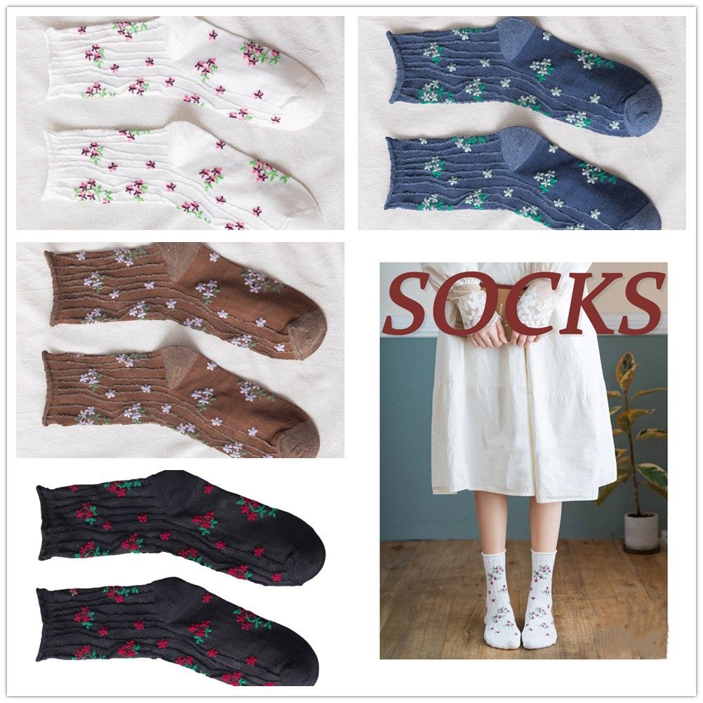 Đôi tất trơn phối ren hoa đơn giản phong cách Nhật Hàn nhiều màu sắc tùy chọn cho nữ