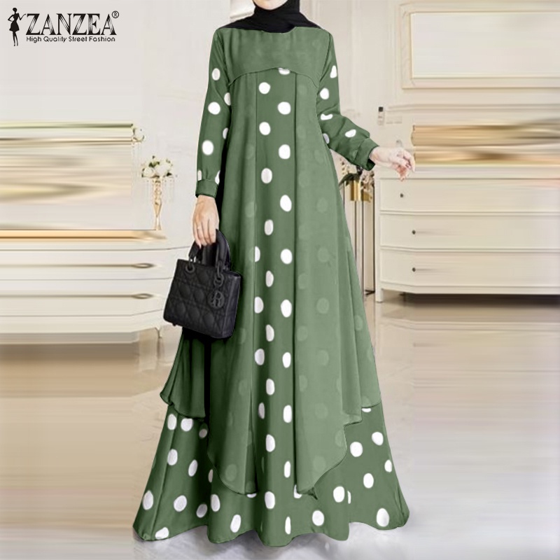 Đầm maxi dài tay ZANZEA hai lớp cổ tròn họa tiết chấm bi thanh lịch dành cho nữ
