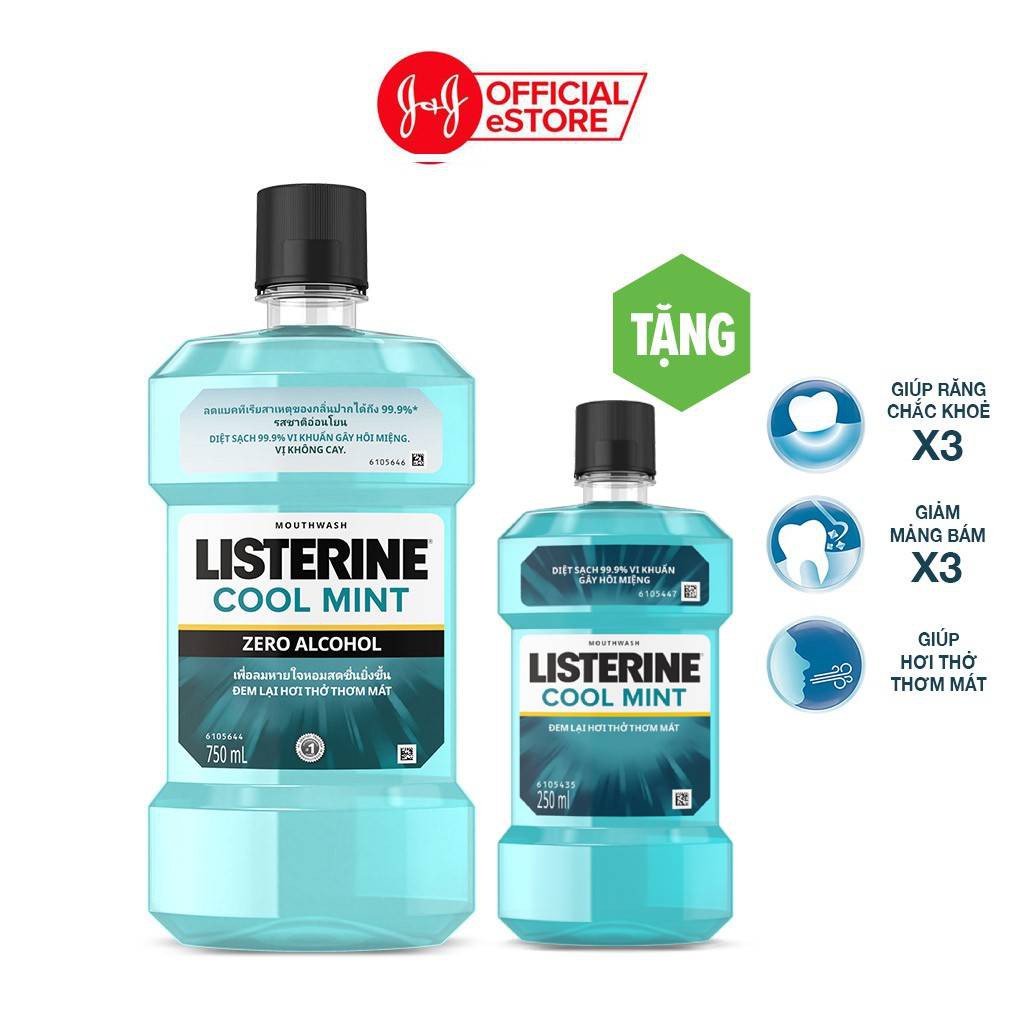 Nước súc miệng Listerine Zero không cay 750ml Tặng 1 Listerine Cool Mint 250ml - 540021411