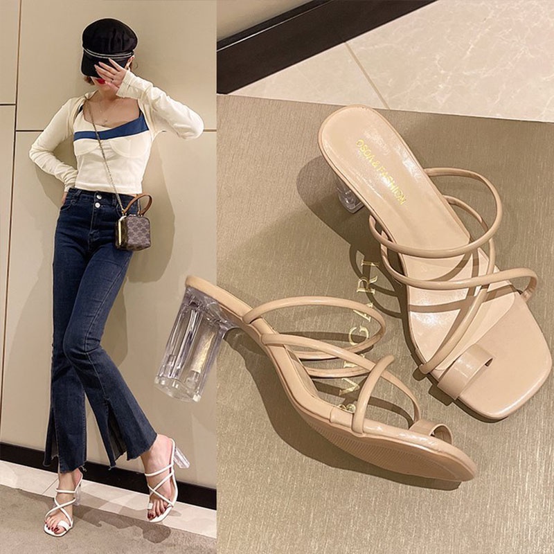 Dép Sandal Cao Gót Nữ 7/9 Phân Mũi Vuông Quai Mỏng Trong Suốt Thời Trang