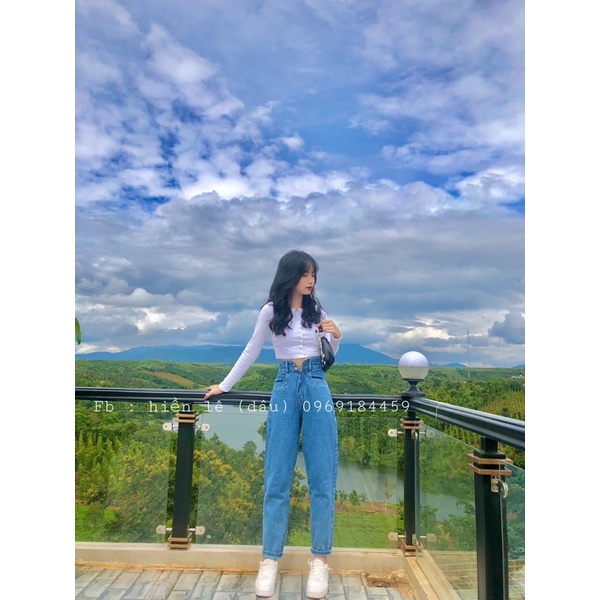 Set baggy jeans 2 nút + croptop gân tay dài
