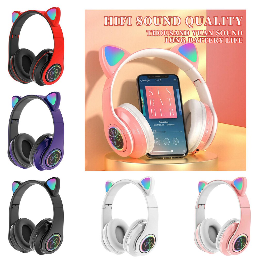 Tai nghe chụp tai kết nối Bluetooth 5.0 không dây hình tai mèo đáng yêu