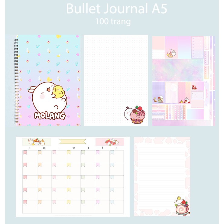 Sổ bullet journal molang SBJ13 A5 100 trang 160gsm chấm kẻ ngang  in màu monthly planner  Sổ tay vẽ chì Sketchbook