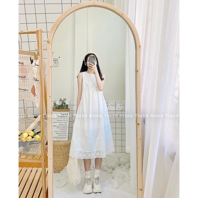 Váy trắng ba lỗ ulzzang ren Tia19 . Đầm dáng suông oversize (Ảnh thật)