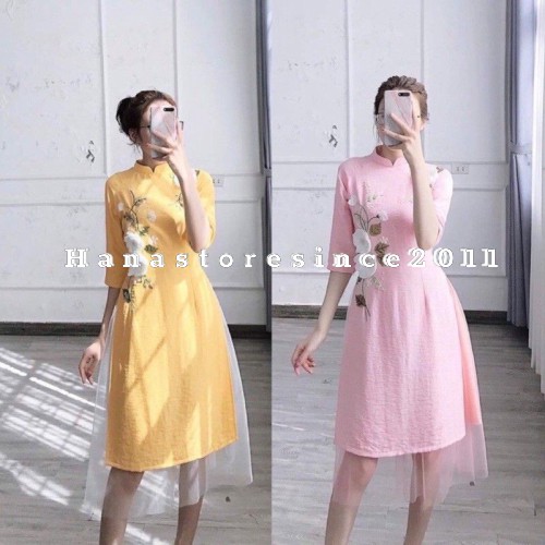 Áo dài cách tân, áo dài thêu hoa, 2 màu hồng,vàng (Ảnh Thật) hàng sẵn tại Hana Store