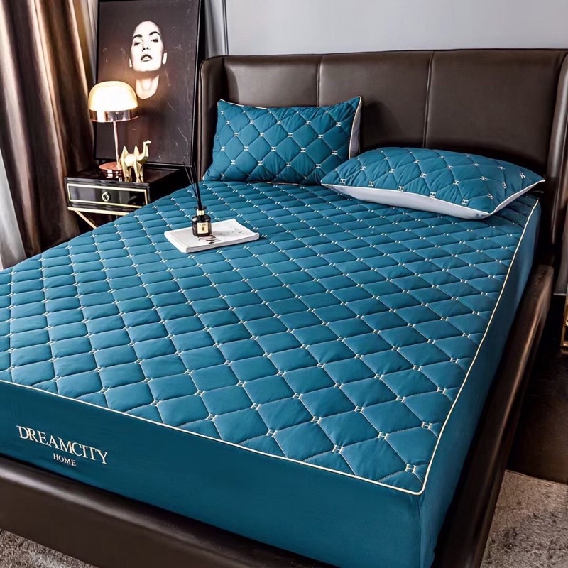 BỘ GA GỐI COTTON BO CHUN BỌC ĐỆM KHÁNG KHUẨN DREAM CITY THÊU CHỮ H