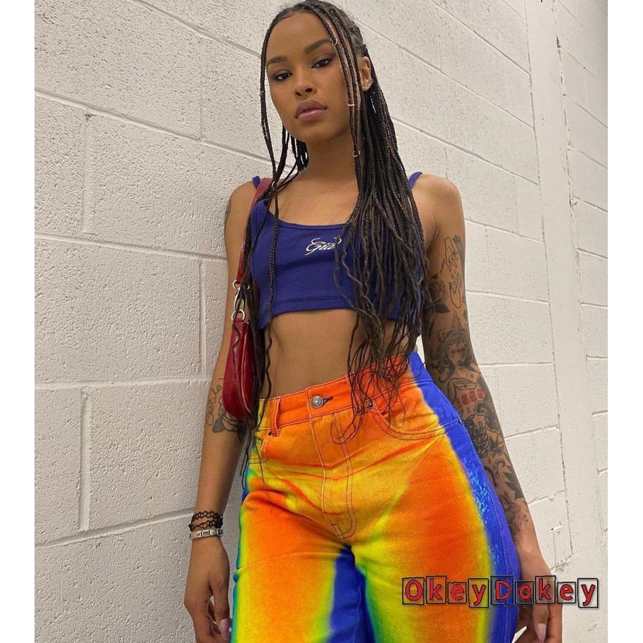 Quần ống rộng Lưng Cao Nhuộm Màu Độc Đáo Thời Trang Đường Phố Cho Nữ OKDK-Y2K