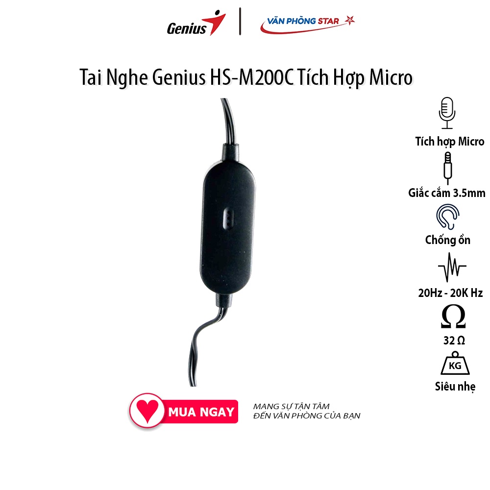 Tai Nghe Genius HS-M200C tích hợp micro chống ồn, âm thanh tốt đầu cắm 3.5mm dùng cho laptop, PC, điện thoại