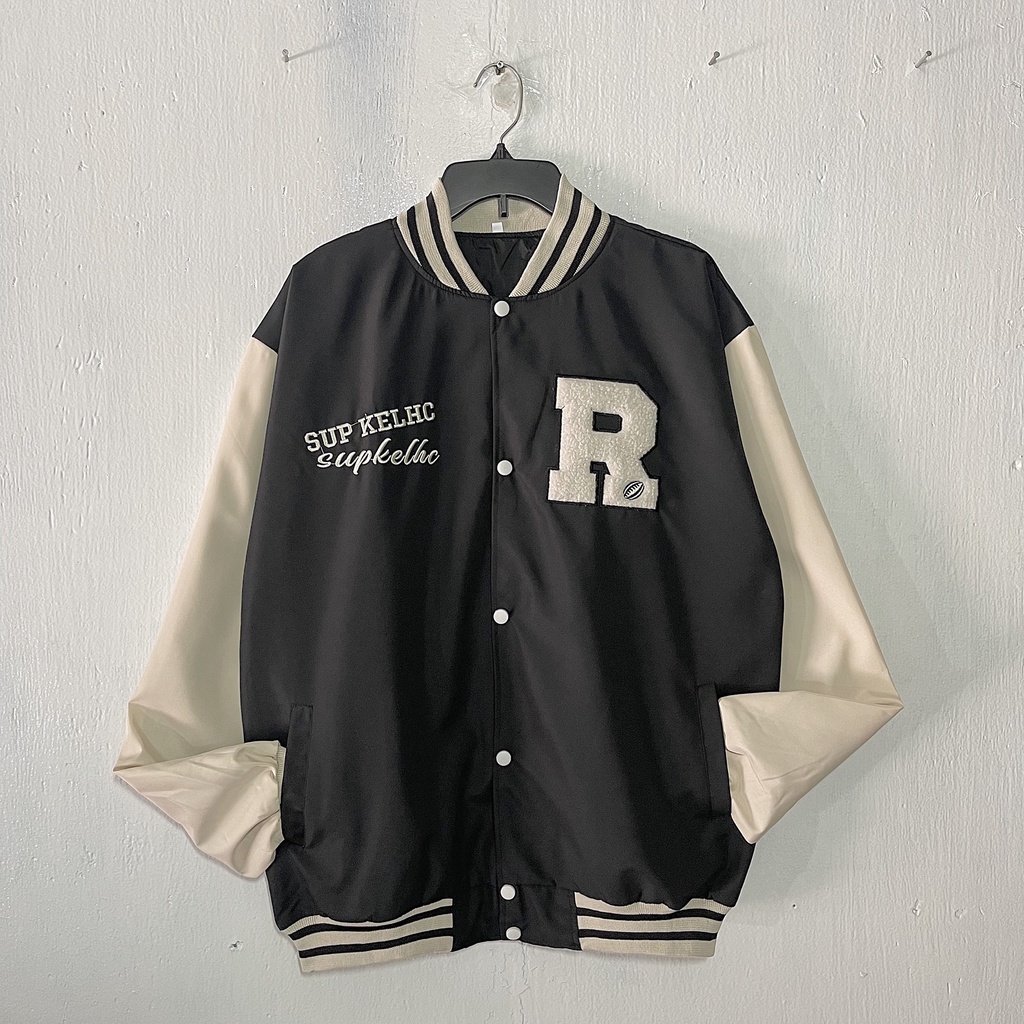 Khoác Bomber R thêu 2 màu đen và kem form rộng Unisex nam nữ