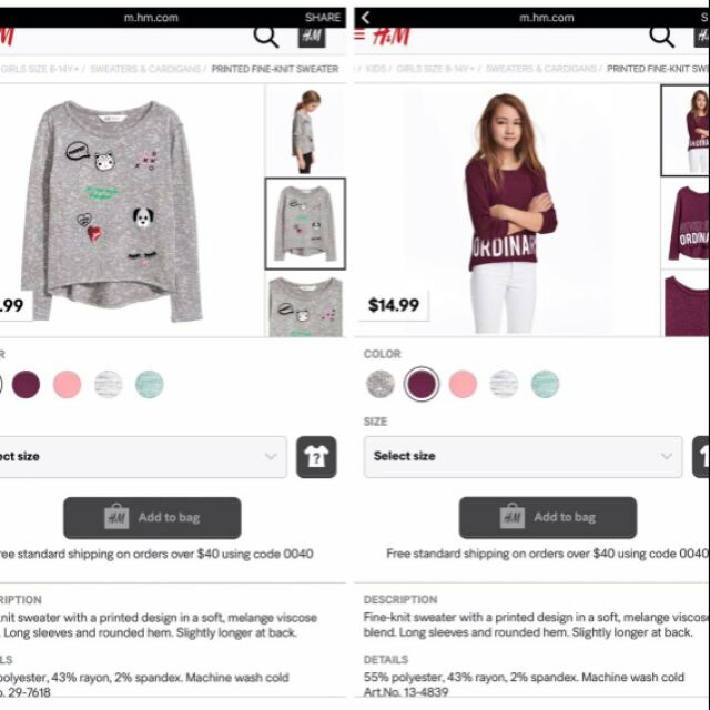 Áo len H&M bé gái size đại