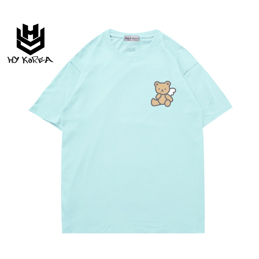 Áo phông tay ngắn cute vải HY KOREA cotton 75 co dãn form rộng in hình Gấu có cánh ngồi 488