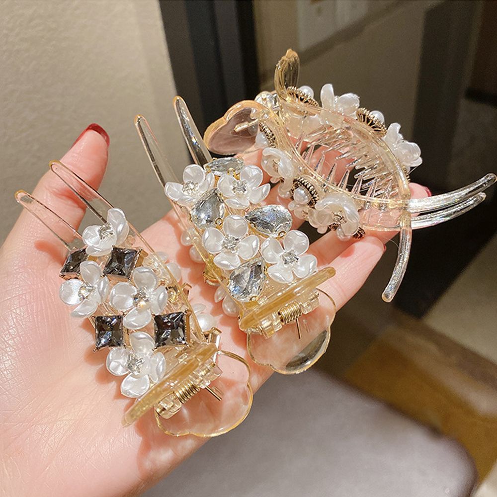 Kẹp Tóc Càng Cua Bằng Nhựa Acrylic Trong Suốt Đính Hoa Ngọc Trai Phong Cách Hàn Quốc Cho Nữ